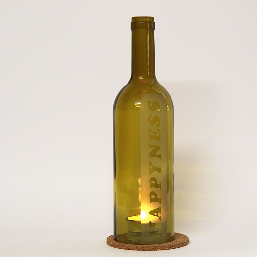 Windlicht Rotweinflasche mit Schrift "HAPPYNESS"