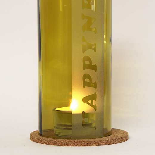 Windlicht Rotweinflasche mit Schrift "HAPPYNESS"