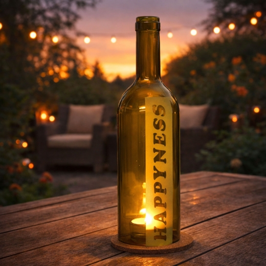 Windlicht Rotweinflasche mit Schrift "HAPPYNESS"
